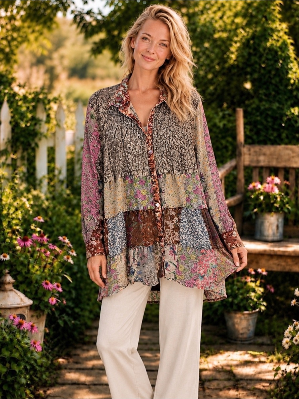 Young Threads Patchwork Quilted Boho Button-Up Top – XL NWT